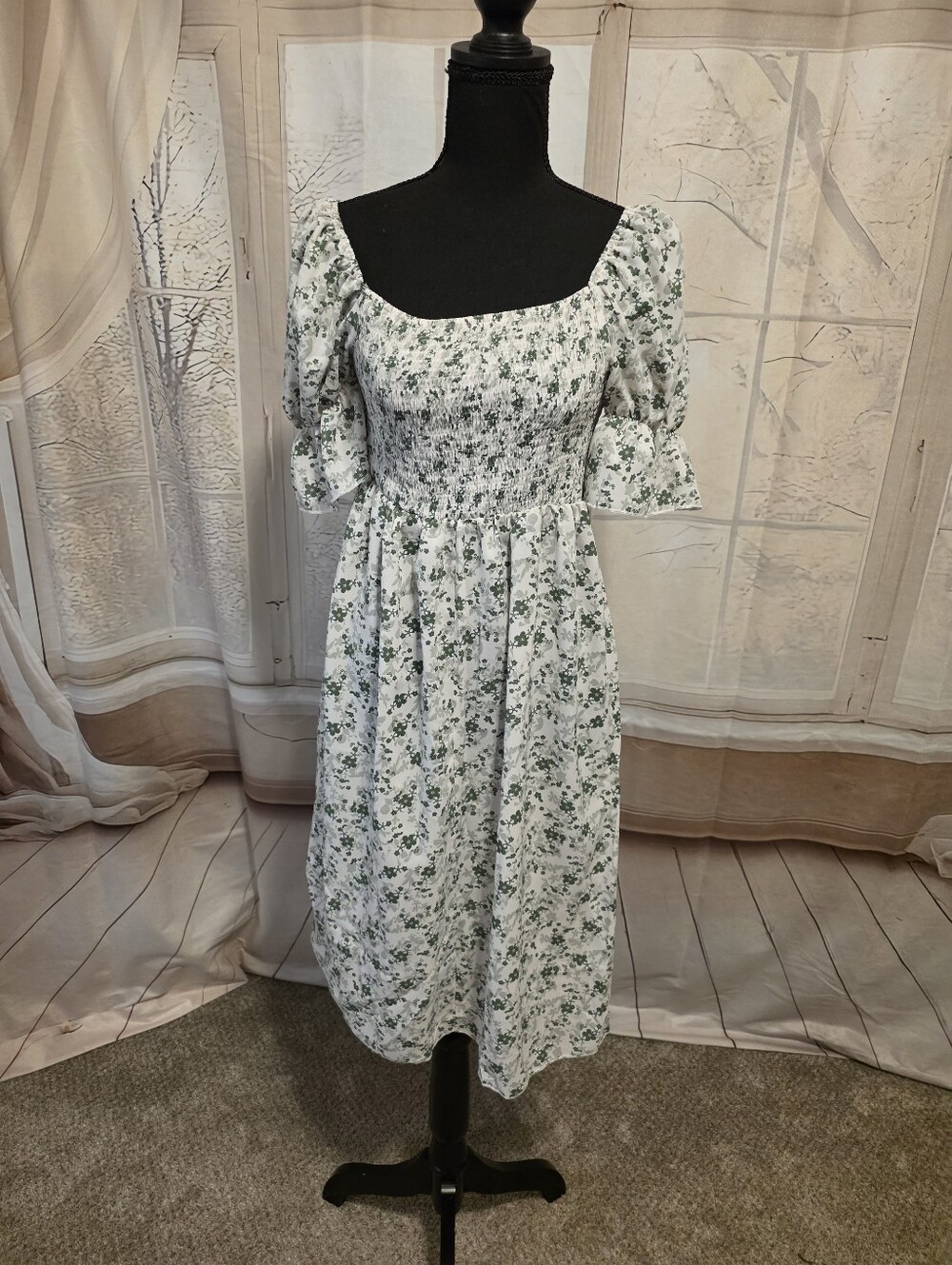 Kohl's White Midi Dress with Green Floral Print